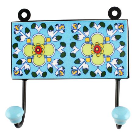 Turquoise Floral Ceramic Tile Hook Online
